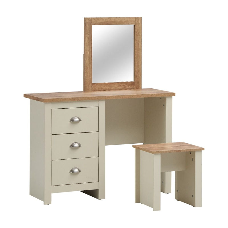 3 Drawer Dressing Table Set - Bedroom Dressing Table with Drawers, Stool, and Mirror - Makeup Desk Vanity Table