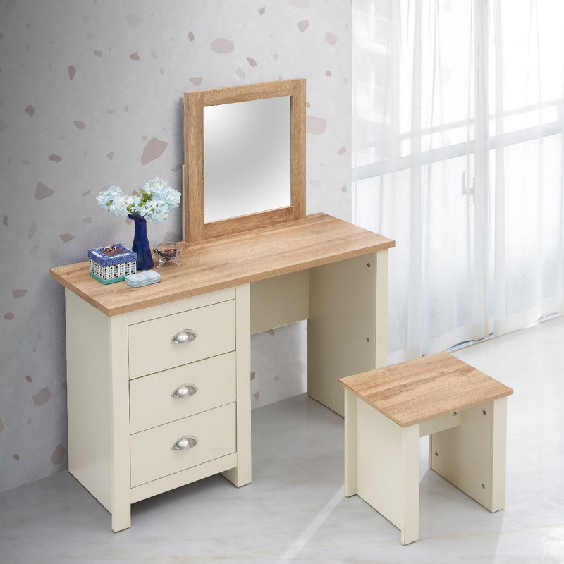 3 Drawer Dressing Table Set - Bedroom Dressing Table with Drawers, Stool, and Mirror - Makeup Desk Vanity Table