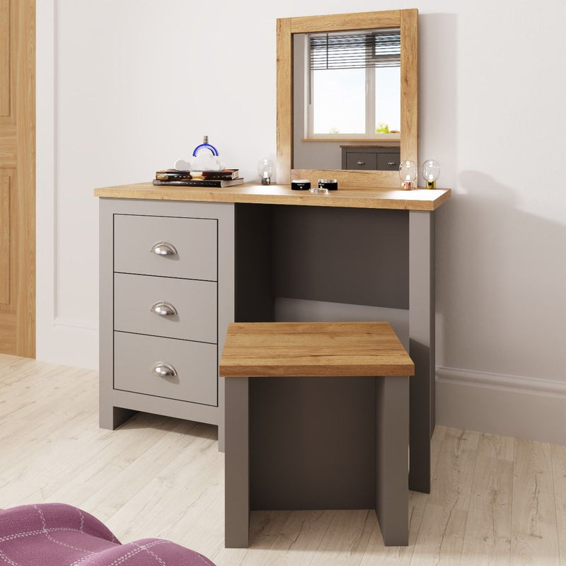 3 Drawer Dressing Table Set - Bedroom Dressing Table with Drawers, Stool, and Mirror - Makeup Desk Vanity Table