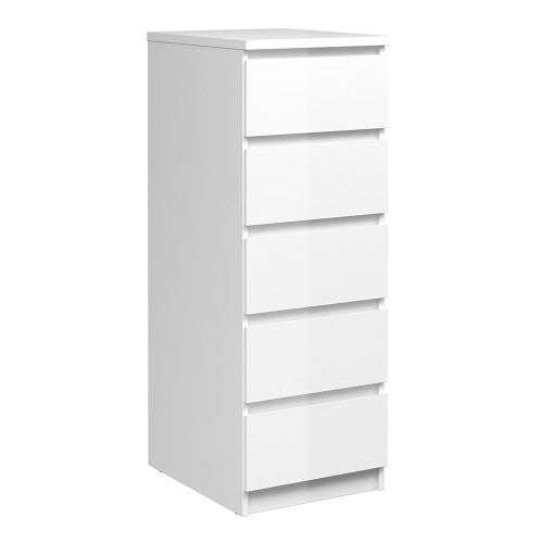 Luscanny Tall Narrow Chest of 5 Drawers Cabinet Cupboard in High Gloss White Storage Unit