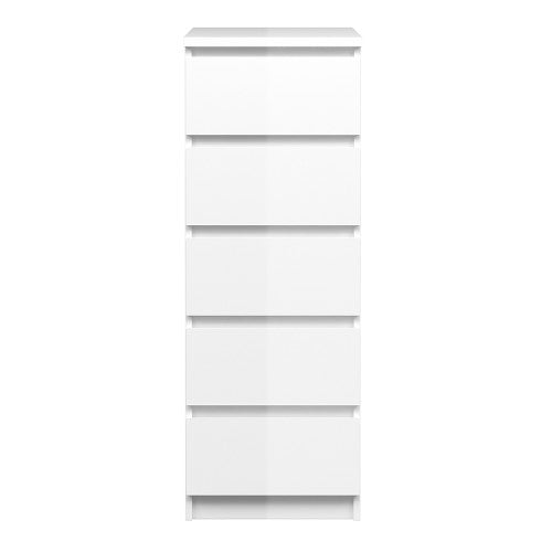 Luscanny Tall Narrow Chest of 5 Drawers Cabinet Cupboard in High Gloss White Storage Unit