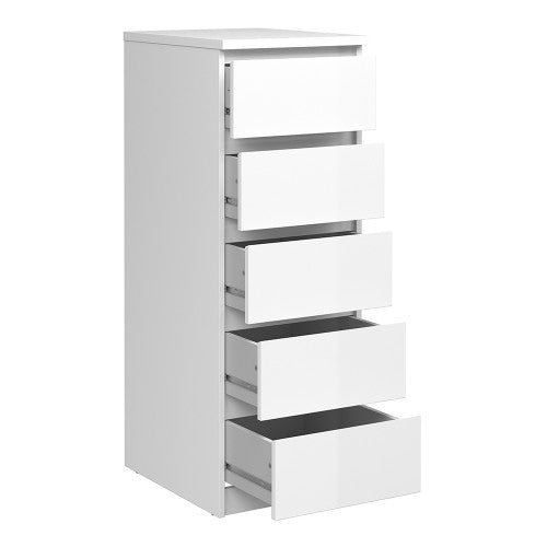 Luscanny Tall Narrow Chest of 5 Drawers Cabinet Cupboard in High Gloss White Storage Unit