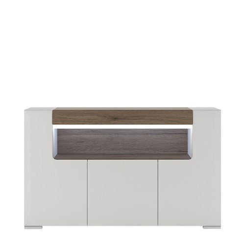 Luscanny 3 Door Sideboard with open shelving with Plexi Lightining in High Gloss White