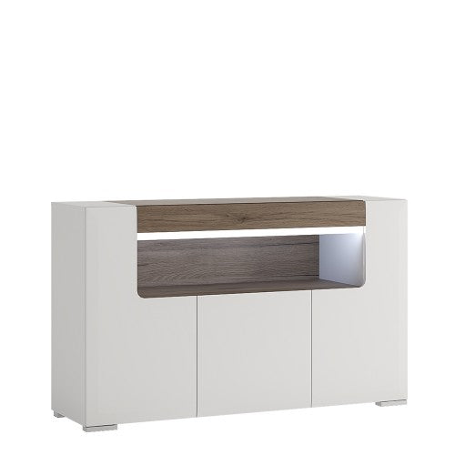 Luscanny 3 Door Sideboard with open shelving with Plexi Lightining in High Gloss White