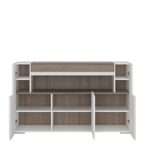 Luscanny 3 Door Sideboard with open shelving with Plexi Lightining in High Gloss White