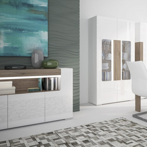 Luscanny 3 Door Sideboard with open shelving with Plexi Lightining in High Gloss White