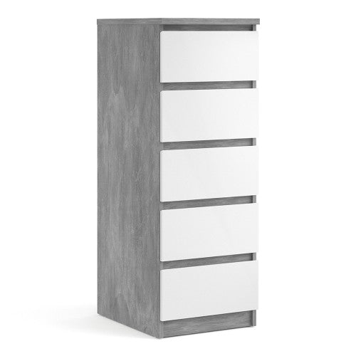 Luscanny Tall Narrow Chest of 5 Drawers Cabinet Cupboard in Concrete High Gloss Storage Unit