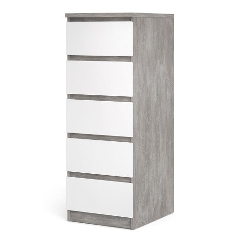 Luscanny Tall Narrow Chest of 5 Drawers Cabinet Cupboard in Concrete High Gloss Storage Unit