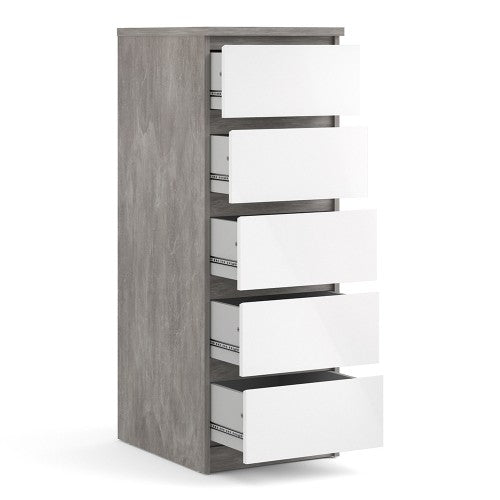 Luscanny Tall Narrow Chest of 5 Drawers Cabinet Cupboard in Concrete High Gloss Storage Unit