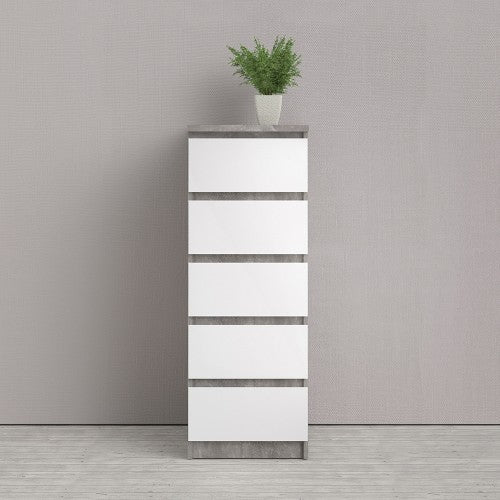 Luscanny Tall Narrow Chest of 5 Drawers Cabinet Cupboard in Concrete High Gloss Storage Unit