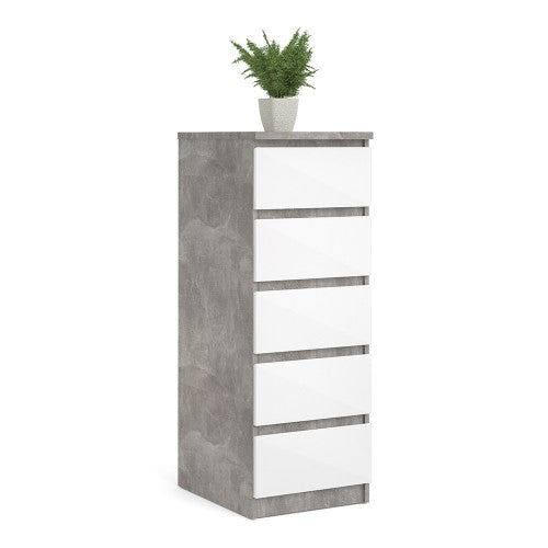 Luscanny Tall Narrow Chest of 5 Drawers Cabinet Cupboard in Concrete High Gloss Storage Unit