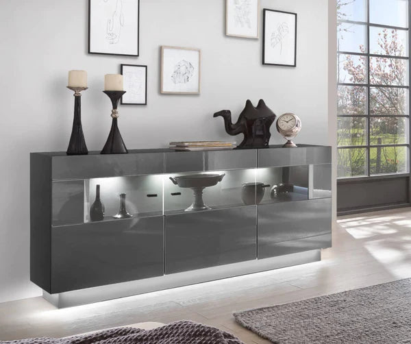 Luscanny Large High Gloss Display Cabinet Sideboard Graphite Grey 160cm