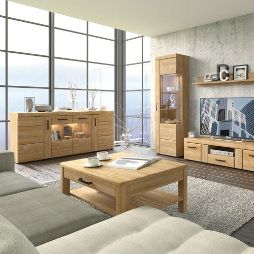 Luscanny Cortina 4 door wide glazed sideboard in Grandson Oak Living Room Storage Unit