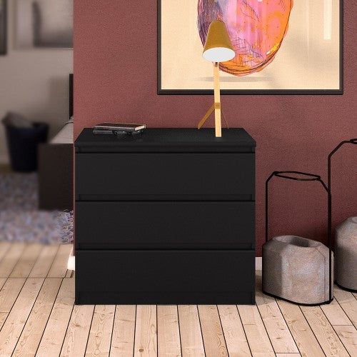 Luscanny 3 Large Drawers Bedside Cabinet Nightstand Table in Matt Black Storage Chest