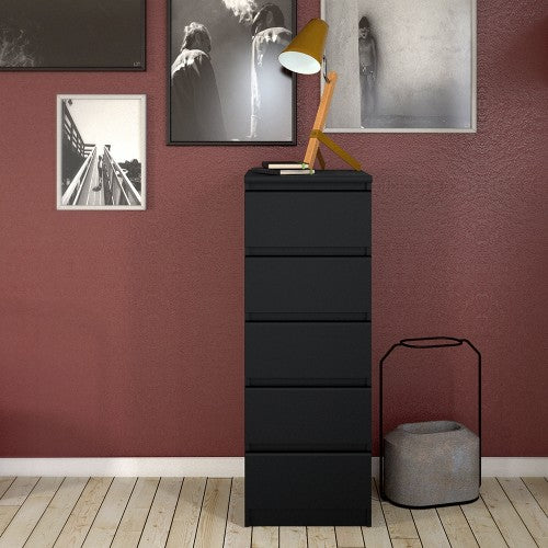 Luscanny Tall Narrow Chest of 5 Drawers Cabinet Cupboard in Matt Black Storage Unit