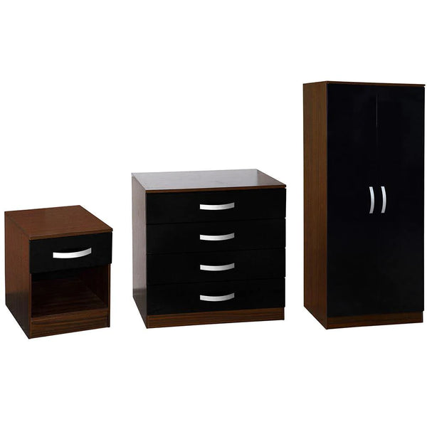 Luscanny Bedroom Storage Set of 3 with 1 Drawer Bedside Cabinet 4 Drawer Chest & 2 Door Wardrobe in Black