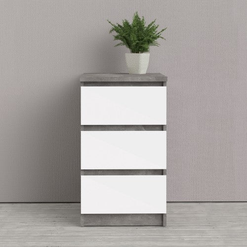 Luscanny 3 Drawers Bedside Cabinet Nightstand Table in Concrete White High Gloss Storage Chest